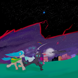 Size: 4096x4096 | Tagged: safe, artist:dariosparks, artist:planetarium, oc, oc only, oc:allegro, oc:peaceful shore, changeling, pony, unicorn, g4, g5, accessory, blue mane, cape, changeling oc, clothes, collaboration, female, fireworks, happy, hoof polish, horn, kite, lighthouse, long mane, long tail, looking at each other, looking at someone, male, moon, night, planet, pony oc, purple sky, rainbow, running, shading, shiny eyes, simple background, smiling, space, sparkly wings, stars, stripes, tail, tree, two toned mane, unicorn oc, wings