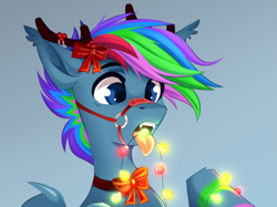 Size: 7559x5669 | Tagged: safe, artist:buvanybu, oc, oc only, oc:azure star (fauli1221), bat pony, pony, antlers, bow, bridle, christmas, christmas lights, fangs, holiday, open mouth, reindeer antlers, simple background, solo, tack, this will end in death, this will end in electrocution, this will not end well, tongue out, too dumb to live