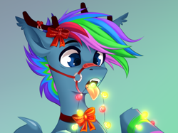 Size: 7559x5669 | Tagged: safe, alternate version, artist:buvanybu, oc, oc only, oc:azure star (fauli1221), bat pony, pony, antlers, bow, bridle, christmas, christmas lights, fangs, holiday, open mouth, reindeer antlers, simple background, solo, tack, this will end in death, this will end in electrocution, this will not end well, tongue out, too dumb to live