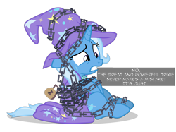 Size: 6400x4781 | Tagged: safe, artist:gypsykumquat, trixie, pony, unicorn, comic:trixie tied up with chain, g4, uncommon bond, bondage, cape, chained, chains, clothes, female, gritted teeth, hat, inkscape, lock, padlock, simple background, solo, sweat, sweatdrop, talking to viewer, teeth, text, transparent background, trixie's cape, trixie's hat, vector