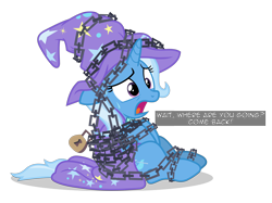 Size: 6400x4781 | Tagged: safe, artist:gypsykumquat, trixie, comic:trixie tied up with chain, g4, uncommon bond, bondage, cape, chained, chains, clothes, female, hat, inkscape, lock, open mouth, padlock, simple background, solo, sweat, sweatdrop, talking to viewer, text, transparent background, trixie's cape, trixie's hat, vector