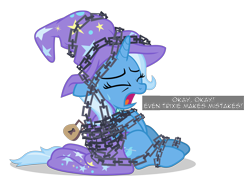 Size: 6400x4781 | Tagged: safe, artist:gypsykumquat, trixie, pony, unicorn, comic:trixie tied up with chain, g4, uncommon bond, bondage, cape, chained, chains, clothes, eyes closed, female, hat, inkscape, lock, open mouth, padlock, simple background, solo, sweat, sweatdrop, talking to viewer, text, transparent background, trixie's cape, trixie's hat, vector