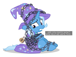 Size: 6400x4781 | Tagged: safe, artist:gypsykumquat, trixie, pony, unicorn, comic:trixie tied up with chain, g4, uncommon bond, bondage, cape, chained, chains, clothes, embarrassed, female, gritted teeth, hat, inkscape, lock, padlock, simple background, solo, sweat, sweatdrop, talking to viewer, teeth, text, transparent background, trixie's cape, trixie's hat, vector