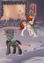 Size: 2480x3508 | Tagged: safe, artist:kirieshka, oc, oc:fire ray, oc:mader, alicorn, changeling, pony, alicorn oc, changeling oc, clothes, duo, duo male, hat, high res, horn, magic, male, officer, scarf, smiling, snow, snowball, telekinesis, uniform, ushanka, wings, winter