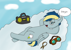 Size: 4960x3508 | Tagged: safe, artist:cookie dough, oc, oc:thunder cloud, pegasus, pony, bandana, boombox, clothes on floor, cloud, female, goggles, hair over one eye, looking at you, lying down, pegasus oc, relaxing, short tail, tail, talking to viewer