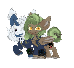 Size: 2800x2600 | Tagged: safe, artist:sundayrain, oc, oc only, oc:archimedes, oc:nine lives, bat pony, pony, unicorn, 2023 community collab, derpibooru community collaboration, bat pony oc, bat wings, chest fluff, clothes, cloven hooves, colored wings, duo, ear fluff, high res, horn, jumpsuit, looking at you, one eye closed, pipbuck, raised hoof, simple background, slit pupils, transparent background, two toned mane, two toned wings, unicorn oc, vault 86, vault suit, wings, wink