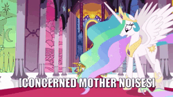 Size: 1280x720 | Tagged: safe, edit, edited screencap, screencap, princess celestia, pony, unicorn, celestial advice, g4, animated, armor, caption, concerned, crown, discovery family, discovery family logo, female, helmet, hoof shoes, image macro, jewelry, logo, male, mare, momlestia, no sound, open mouth, peytral, regalia, royal guard, royal guard armor, stained glass, stallion, text, throne, throne room, webm