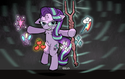 Size: 2000x1265 | Tagged: safe, artist:scarletdoodle, starlight glimmer, pony, unicorn, g4, blue eyes, chest fluff, cutie mark, female, floating, levitation, magic, mare, multicolored hair, multicolored mane, solo, staff, staff of sameness, t pose, telekinesis, this will end in communism