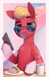 Size: 1879x2943 | Tagged: safe, artist:uliovka, sprout cloverleaf, earth pony, pony, g5, bread, cellphone, coffee, food, implied clovertrail, implied gay, implied hitch trailblazer, implied shipping, looking at you, male, mug, phone, rainbow background, simple background, smartphone, solo, stallion, sunglasses