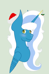 Size: 1370x2048 | Tagged: safe, artist:royal-snowflake, oc, oc only, oc:fleurbelle, alicorn, pony, alicorn oc, blushing, christmas, female, gray background, hat, holiday, holly, holly mistaken for mistletoe, horn, santa hat, simple background, smiling, solo, wings, yellow eyes