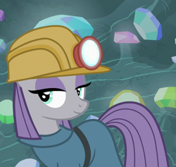 Size: 760x720 | Tagged: safe, screencap, maud pie, earth pony, pony, g4, rock solid friendship, clothes, cropped, dress, female, gem, gem cave, helmet, mare, mining helmet, smiling, solo