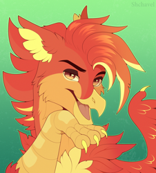 Size: 3372x3732 | Tagged: safe, artist:shchavel, oc, oc only, griffon, bust, cheek fluff, chest fluff, claws, ear fluff, gradient background, griffon oc, high res, neck fluff, open mouth, portrait, solo, sternocleidomastoid, wings