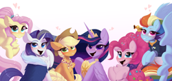 Size: 4096x1936 | Tagged: safe, artist:kebchach, derpibooru exclusive, applejack, fluttershy, pinkie pie, rainbow dash, rarity, twilight sparkle, alicorn, earth pony, pegasus, pony, unicorn, the last problem, crown, eyebrows, female, flying, folded wings, grin, group, heart, jewelry, looking at you, mane six, mare, older, older applejack, older fluttershy, older mane six, older pinkie pie, older rainbow dash, older rarity, older twilight, open mouth, open smile, peytral, princess twilight 2.0, regalia, sextet, simple background, smiling, smiling at you, spread wings, twilight sparkle (alicorn), white background, wings