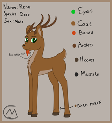 Size: 3200x3527 | Tagged: safe, artist:maître cervidé, oc, oc:renn, deer, antlers, cloven hooves, deer oc, green eyes, high res, male, non-pony oc, pale belly, reference sheet, simple background, solo