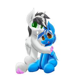 Size: 2048x2048 | Tagged: safe, artist:dianetgx, oc, oc only, oc:mobius, oc:silvia cascadia, hippogriff, pegasus, pony, unicorn, 2023 community collab, derpibooru community collaboration, couple, duo, high res, hug, looking at you, male, pegasus oc, simple background, sitting, smiling, smiling at you, stallion, transparent background