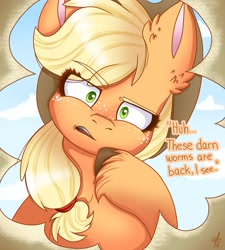 Size: 2035x2266 | Tagged: safe, artist:galaxy swirl, applejack, earth pony, pony, worm, applejack's hat, cowboy hat, ear fluff, female, freckles, hat, looking at you, mare, offscreen character, pov, solo, stetson, talking to herself, unshorn fetlocks