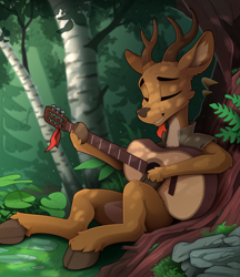 Size: 830x962 | Tagged: safe, artist:yakovlev-vad, oc, oc only, oc:renn, deer, antlers, beard, cloven hooves, commission, eyes closed, facial hair, forest, guitar, hoof hold, looking left, male, musical instrument, plants, rock, solo, tree