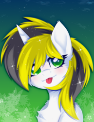 Size: 1544x2003 | Tagged: safe, artist:stesha, oc, oc only, oc:yellowglaze, pony, unicorn, :p, bust, chest fluff, cute, digital art, ear fluff, horn, looking at you, portrait, solo, sparkly mane, tongue out, two toned mane, unicorn oc