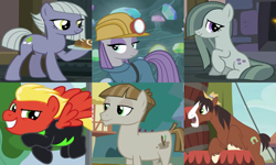 Size: 2559x1536 | Tagged: safe, edit, edited screencap, screencap, limestone pie, marble pie, maud pie, mudbriar, short fuse, trouble shoes, earth pony, pegasus, pony, appleoosa's most wanted, g4, hearthbreakers, rock solid friendship, the maud couple, the washouts (episode), barrel, clothes, cropped, dress, excited, female, hat, helmet, male, marbleshoes, mare, mining helmet, pie sisters, ship:limefuse, ship:maudbriar, shipping, shipping domino, siblings, sisters, smiling, stallion, stone bread, straight, sweet bun, sweet roll, uniform, washouts uniform, when he smiles, when she smiles, wing hole