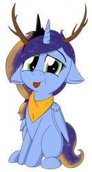 Size: 1057x1969 | Tagged: safe, artist:soccy, oc, oc only, oc:emerging dawn, alicorn, pony, 2023 community collab, derpibooru community collaboration, :p, alicorn oc, antlers, ethereal mane, female, filly, floppy ears, foal, galaxy mane, horn, looking at you, luna's crown, simple background, sitting, solo, tongue out, transparent background, wings