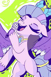 Size: 2000x3000 | Tagged: safe, artist:papacruda09, queen haven, pegasus, pony, g5, abstract background, adorahaven, belly, cute, eyes closed, female, happy, high res, mare, microphone, open mouth, simple background, singing, slender, spread wings, thin, wings