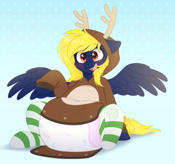 Size: 3000x2805 | Tagged: safe, artist:shuphle, oc, oc:naveen numbers, pegasus, pony, adult foal, clothes, costume, diaper, diaper fetish, fetish, high res, kigurumi, non-baby in diaper, onesie, open mouth, open smile, pegasus oc, poofy diaper, smiling, socks, solo, striped socks