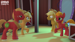 Size: 3413x1920 | Tagged: safe, artist:gradiusfanatic, applejack, big macintosh, earth pony, pony, g4, 3d, applejack (male), crossgender, female, grin, looking at each other, looking at someone, macareina, male, nervous, nervous smile, r63 paradox, rule 63, self paradox, self ponidox, smiling, source filmmaker, wide eyes