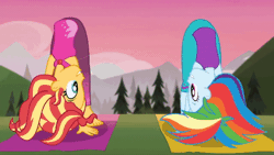 Size: 520x293 | Tagged: safe, screencap, rainbow dash, sunset shimmer, human, equestria girls, g4, wake up!, spoiler:eqg series (season 2), animated, barefoot, bent over, duo, duo female, feet, female, wake up!: rainbow dash