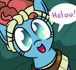 Size: 303x280 | Tagged: safe, artist:jargon scott, meadowbrook, earth pony, pony, g4, cute, female, hi anon, looking at you, mare, meadowcute, meme, no pupils, open mouth, open smile, smiling, solo, speech bubble
