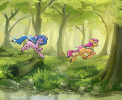 Size: 6400x5280 | Tagged: safe, artist:laymy, izzy moonbow, sunny starscout, earth pony, pony, unicorn, g5, my little pony: a new generation, absurd resolution, bag, concave belly, duo, duo female, featured image, female, floppy ears, forest, forest background, hooves, log, looking at each other, looking at someone, mare, outdoors, rock, running, saddle bag, scenery, shipping fuel, smiling, tree, water