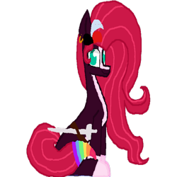 Size: 1200x1200 | Tagged: safe, artist:princessmoonlight, oc, oc only, oc:painted lilly, earth pony, pony, 2023 community collab, derpibooru community collaboration, 2023, colored belly, curly hair, dc comics, harley quinn, looking at you, multicolored mane, nonbinary, pale belly, pirate, simple background, sitting, smiling, solo, transparent background, wavy mane