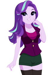 Size: 1148x1588 | Tagged: safe, artist:rosemile mulberry, starlight glimmer, human, equestria girls, g4, breasts, busty starlight glimmer, cleavage, clothes, dreamworks face, eye clipping through hair, eyebrows, eyebrows visible through hair, female, grin, looking at you, pants, raised eyebrow, reasonably sized breasts, simple background, smiling, smiling at you, socks, solo, thigh highs, white background