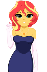 Size: 754x1158 | Tagged: safe, artist:rosemile mulberry, sunset shimmer, human, equestria girls, g4, bare shoulders, breasts, cleavage, clothes, dress, evening gloves, female, gloves, jewelry, long gloves, looking at you, necklace, raised hand, simple background, sleeveless, solo, strapless, updated design, white background