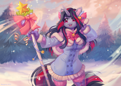 Size: 1982x1400 | Tagged: safe, artist:margony, oc, oc only, oc:flydry, fairy, unicorn, anthro, arm behind head, bell, clothes, coat, ear fluff, female, open mouth, open smile, smiling, snow, snowfall, solo, staff, tree, wingding eyes, winter, winter coat