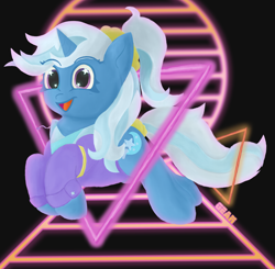 Size: 4901x4800 | Tagged: safe, artist:gean, trixie, pony, unicorn, g4, 80s, clothes, happy, jacket, jumping, laser, ponytail, solo, stars, synthwave, watermark, wingding eyes