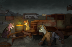 Size: 3200x2100 | Tagged: safe, artist:molars, oc, oc only, oc:aiden, earth pony, pony, unicorn, fallout equestria, apocalypse, armor, background character, bandage, barrel, billboard, blood, blood stains, blue fur, boots, brown mane, bust, clothes, cloudy sky, commission, detailed background, fallout, fallout equestria oc, fire, full body, grass, gun, handgun, harness, high res, holster, in the distance, insane smile, lighting, male, multiple characters, open mouth, pink fur, pistol, pocket, portrait, raised hoof, rust, scar, shading, shipping container, shirt, shoes, short mane, skywagon, smiling, stallion, tack, tail, tail wrap, telephone pole, truck, unshorn fetlocks, vehicle, water bottle, weapon, wires, yellow fur
