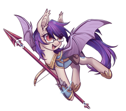 Size: 2515x2217 | Tagged: safe, artist:longfeather, oc, oc only, oc:sunset cloudy, bat pony, armor, bag, bat pony oc, bow (weapon), ear fluff, female, flying, glasses, guardsmare, hoof shoes, mare, royal guard, saddle bag, simple background, slim, solo, spear, spread wings, thin, transparent background, weapon, wings
