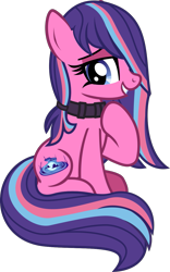 Size: 817x1313 | Tagged: safe, artist:lightningbolt, derpibooru exclusive, oc, oc only, oc:serenity pond, earth pony, pony, 2023 community collab, derpibooru community collaboration, g4, .svg available, collar, earth pony oc, female, happy, hoof on chest, looking at you, mare, raised hoof, show accurate, simple background, sitting, smiling, solo, svg, tail, transparent background, vector
