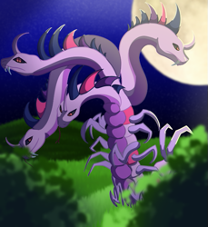 Size: 597x653 | Tagged: safe, artist:brybrychan, twilight sparkle, centipede, hybrid, hydra, g4, full moon, grimdark description, monster, moon, multiple heads, multiple limbs, night, outdoors, post-transformation, solo, species swap, story included, transformation