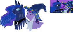 Size: 1280x571 | Tagged: safe, artist:lanternik, edit, screencap, princess luna, twilight sparkle, alicorn, pony, unicorn, g4, luna eclipsed, clothes, cosplay, costume, crown, deviantart watermark, female, jewelry, mare, nightmare night costume, obtrusive watermark, peytral, regalia, screencap reference, simple background, star swirl the bearded costume, twilight the bearded, unicorn twilight, watermark, white background