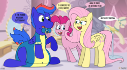 Size: 1800x1000 | Tagged: safe, artist:the-bluepup, fluttershy, pinkie pie, oc, earth pony, pegasus, pony, g4, carousel boutique, clothes, dialogue, diaper, diaper fetish, diaper under clothes, fetish, implied rarity, non-baby in diaper, offscreen character, onesie, open mouth, open smile, pacifier, poofy diaper, smiling, speech bubble, uniform, wonderbolts uniform