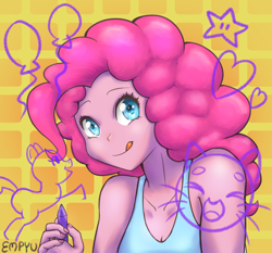 Size: 1200x1120 | Tagged: safe, artist:empyu, pinkie pie, human, equestria girls, g4, balloon, breasts, bust, cleavage, crayon, female, heart, looking at you, portrait, smiling, solo, tongue out
