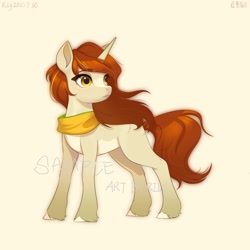 Size: 1818x1818 | Tagged: safe, artist:rily, oc, oc only, pony, unicorn, chinese, commission, full body, signature, simple background, solo, standing, unshorn fetlocks, watermark, yellow background