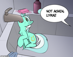 Size: 1662x1302 | Tagged: safe, artist:andaluce, lyra heartstrings, pony, unicorn, bathroom, bathtub, behaving like a cat, chest fluff, female, l.u.l.s., mare, offscreen character, ponified animal photo, soap, solo, speech bubble, wat