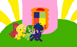 Size: 868x534 | Tagged: safe, artist:princesskira1996, pony, unicorn, g4, colt, dipsy, excited, eyes closed, female, filly, foal, group, happy, laa-laa, male, open mouth, open smile, po, ponified, quartet, ringing, rule 85, smiling, teletubbies, tinky winky, tubby phone, tubbytronic superdome's control panel, walking