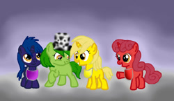 Size: 796x464 | Tagged: safe, artist:princesskira1996, pony, unicorn, g4, bib, colt, dipsy, female, filly, foal, grin, group, hat, laa-laa, male, open mouth, open smile, po, ponified, quartet, raised arm, raised hoof, raised leg, rule 85, smiling, teletubbies, tinky winky, tubbytronic superdome