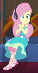 Size: 279x536 | Tagged: safe, screencap, fluttershy, human, equestria girls, g4, game stream, my little pony equestria girls: better together, :|, belt, clothes, cropped, crossed legs, cute, cutie mark on clothes, eyeshadow, female, fluttershy boho dress, geode of fauna, headphones, jewelry, magical geodes, makeup, necklace, open-toed shoes, playing with hair, ribbon, shrunken pupils, sitting, skinny, sleeveless, solo, thin, wide eyes