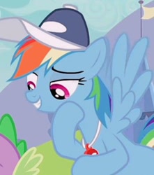 Size: 396x448 | Tagged: safe, screencap, rainbow dash, spike, dragon, pegasus, pony, g4, hurricane fluttershy, coach rainbow dash, cropped, female, male, mare, out of frame, rainbow dashs coaching whistle, whistle, whistle necklace