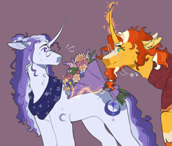Size: 2447x2078 | Tagged: safe, artist:deepforestdarling, moondancer, sunburst, pony, unicorn, g4, alternate design, beard, blaze (coat marking), closed mouth, clothes, coat markings, colored hooves, curved horn, cyan eyes, duo, ear fluff, ear piercing, earring, ears back, facial hair, facial markings, female, freckles, frown, glasses, glasses chain, high res, horn, jewelry, levitation, looking at each other, looking at someone, magic, magic aura, male, mare, neck fluff, piercing, purple background, purple eyes, redesign, round glasses, scarf, shipping, simple background, smiling, socks (coat markings), stallion, straight, sundancer, surprised, sweat, sweatdrop, telekinesis, turned head, unshorn fetlocks
