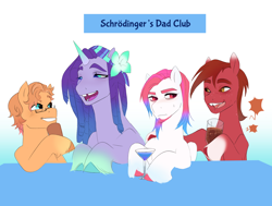 Size: 2680x2028 | Tagged: safe, artist:aztrial, oc, oc only, oc:aster, oc:barley burr, oc:fleet raine, oc:jack, earth pony, pegasus, pony, unicorn, g5, alcohol, bandana, beard, closed mouth, colored hooves, cup, cyan eyes, dreadlocks, drink, earth pony oc, facial hair, flower, flower in hair, flower on ear, freckles, frown, gap teeth, glass, glasses, goatee, gradient ears, gradient horn, gradient legs, gradient mane, grin, group, headcanon in the description, high res, horn, lidded eyes, looking at each other, looking at someone, magenta eyes, male, open mouth, orange eyes, pegasus oc, pipp and zipp's dad, quartet, scruff, simple background, smiling, stallion, sweat, sweatdrop, unicorn oc, unshorn fetlocks, white background, wine glass